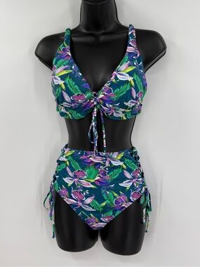 Beach Joy Bikini Floral Tie Front Two Piece Swimsuit | Teal Multicolor | Medium